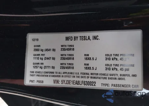 2020 Tesla Model 3 Standard Range Plus Rear-Wheel Drive/Standard Range Rear-Wheel Drive from USA, damaged, VIN 5YJ3E1EA8LF630022